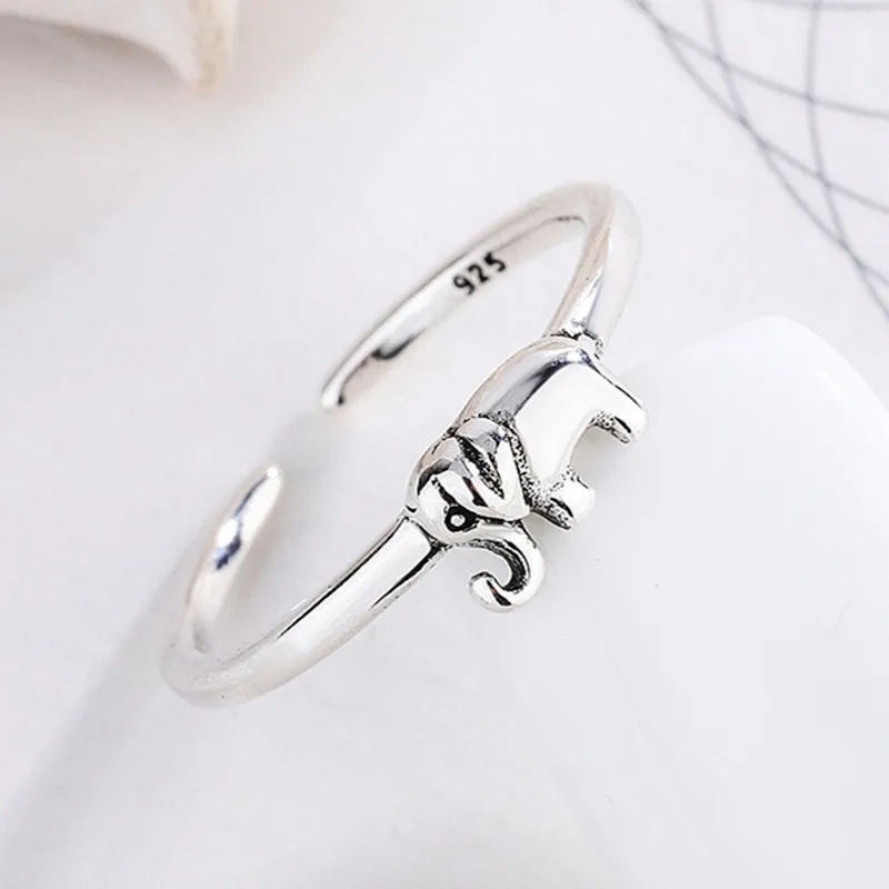 

925 Sterling Silver Vintage Elephant Charm Finger Ring For Women Girls Retro Opening Party Jewelry Accessories jz342