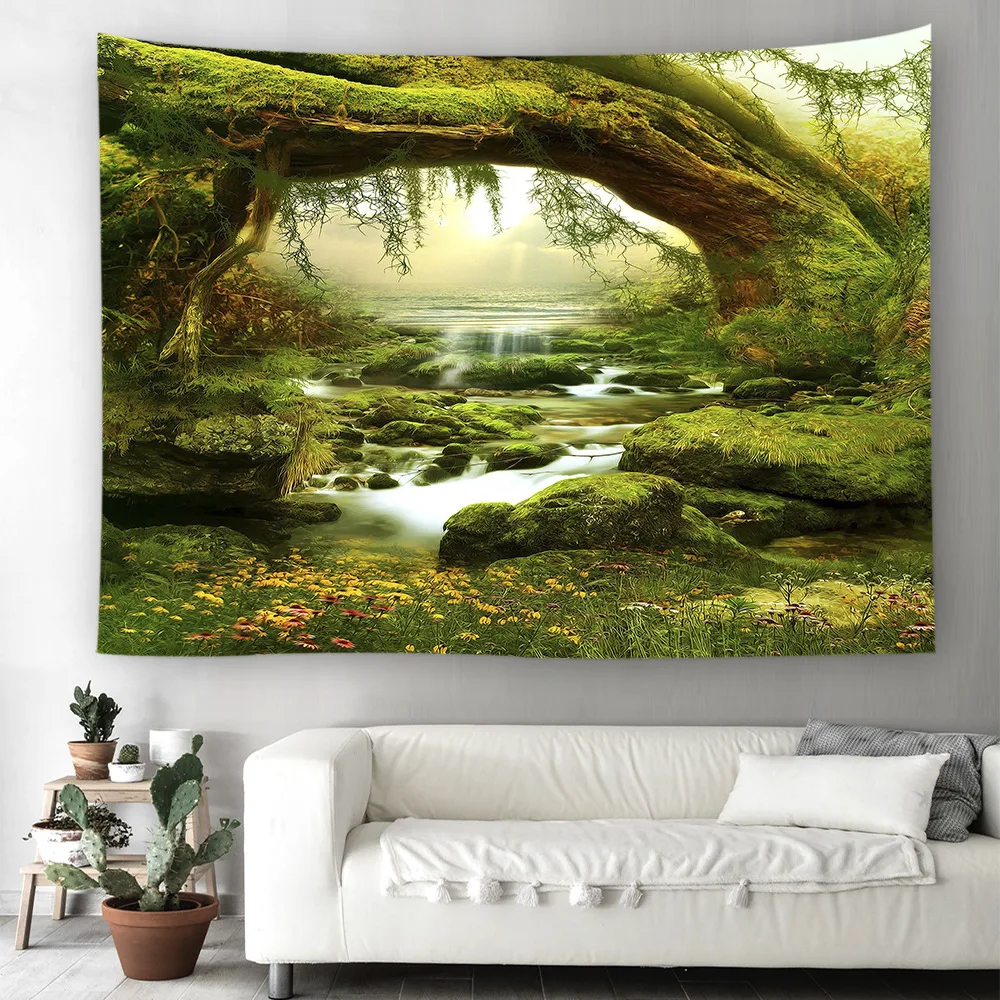 

Красивый зеленый лес Psychedelic гобелен настенный волшебный гобелен с пейзажем Дерево отверстие природа колдовство ковер йога коврик