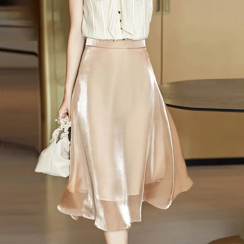 

Mesh skirt spring women's 2021 new popular big swing long skirt drape veil summer Silk Solid Straight empire