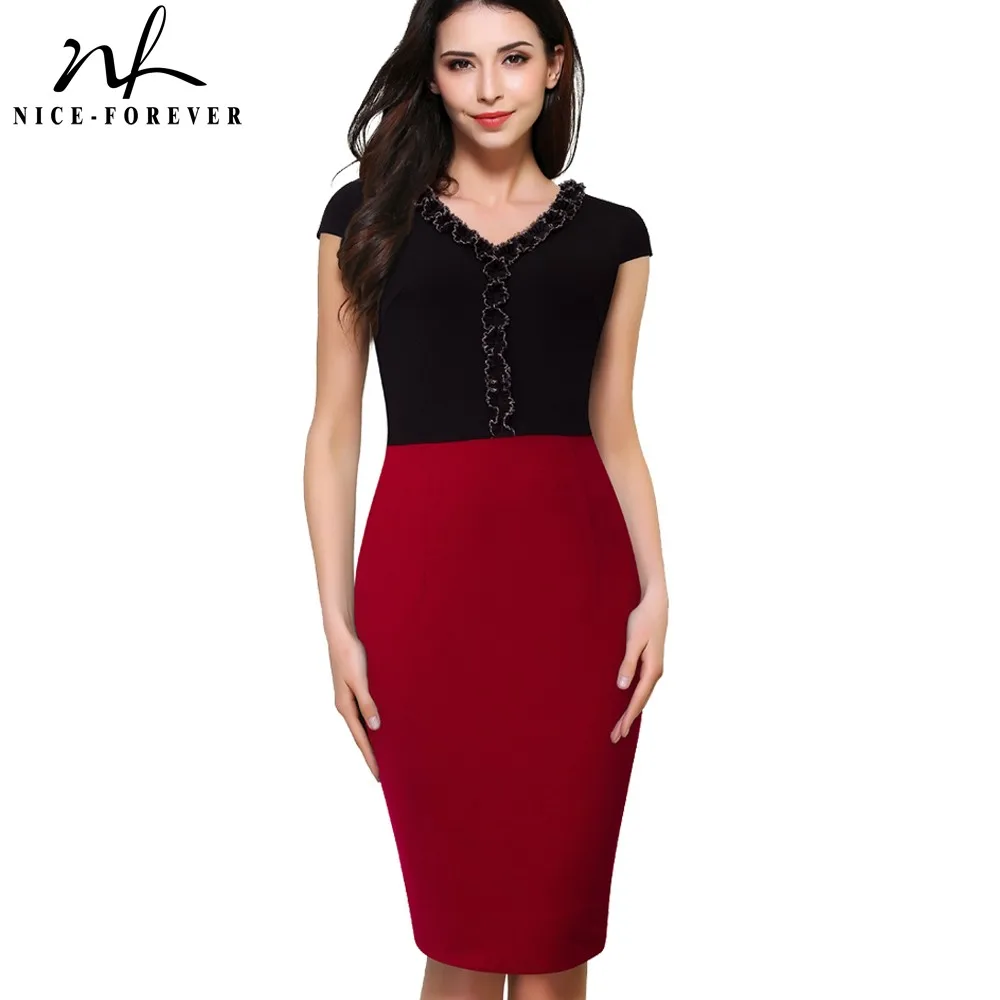 

Nice-forever Summer Women Vinatge Contrast Color Patchwork Office Business Dresses Bodycon Sheath Fitted Dress btyB395