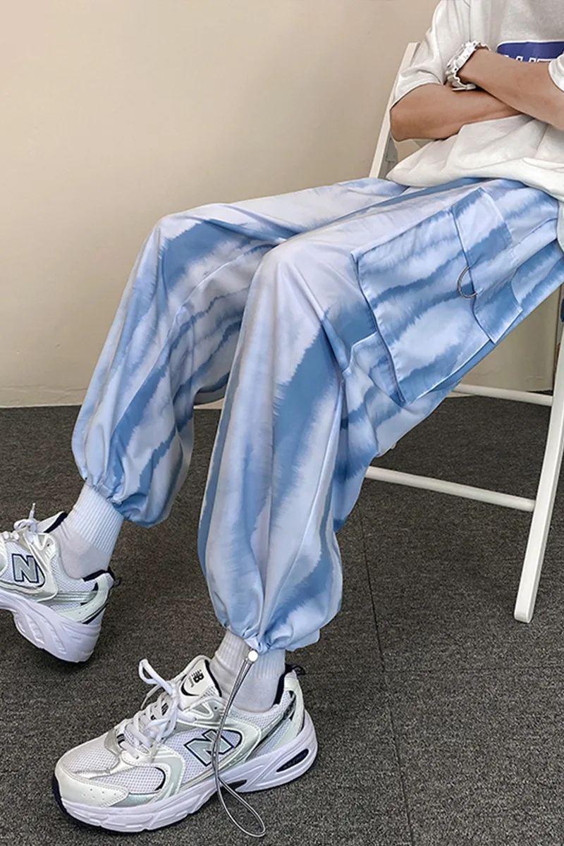 

Ice silk tie-dyed casual pants men's trend 2021 summer new Hong Kong style large size ice silk pants thin ninepointscasual pants