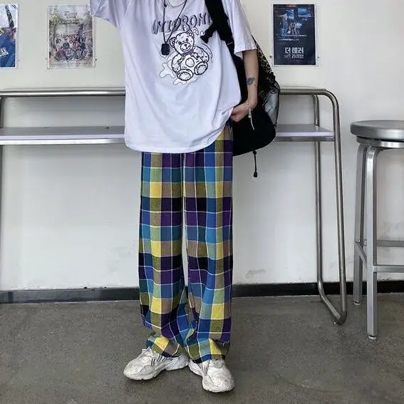 

Missme Plaid Wide Leg Pants Drawstring Baggy Pants Loose Jogger High Waist Womens Pants Hip Hop Boyfriend Vintage Streetwear