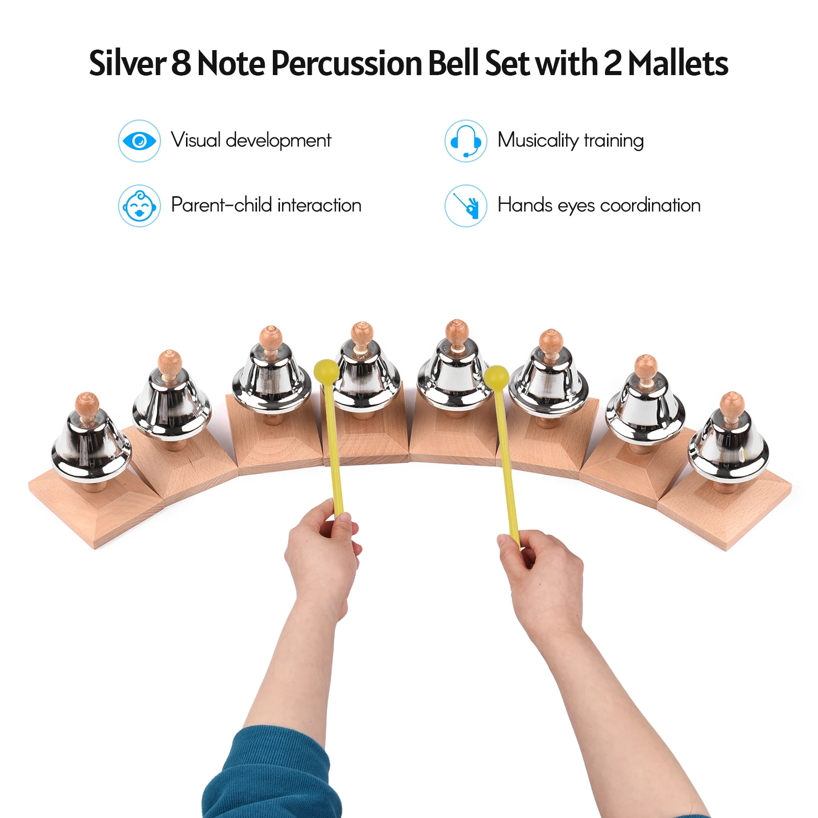 

Silver 8 Note Percussion Bell Set 8pcs Handbell Hand Bells Desk Bells with 2 Mallets Children Baby Early Education Instrument