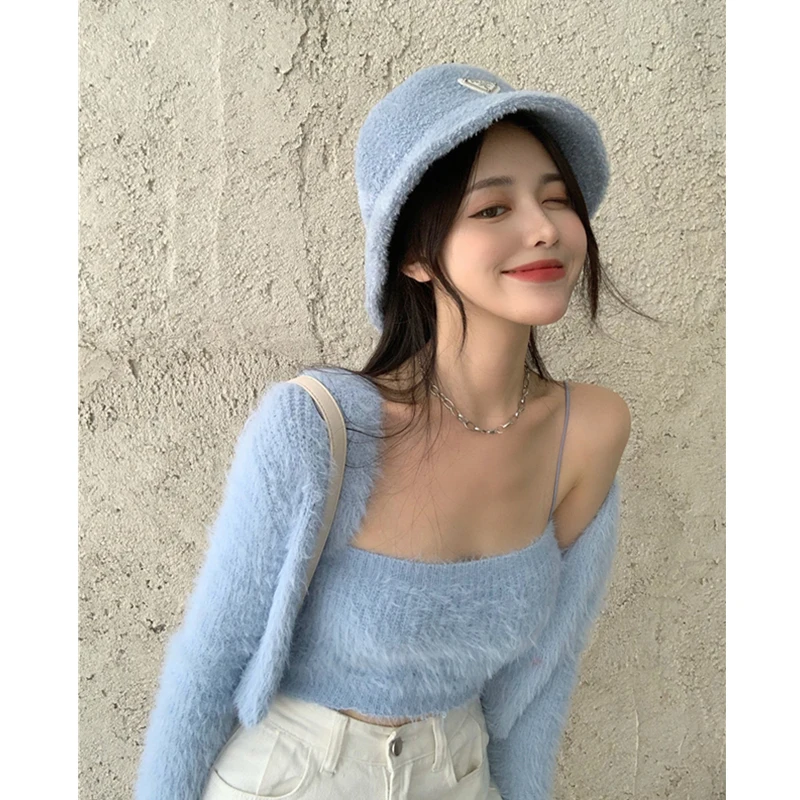 

Cardigans for Women Solid Sweater Cardigan Two-piece Long-sleeved Short Knitted Jacket Blue Women Winter Sweater Clothes Set