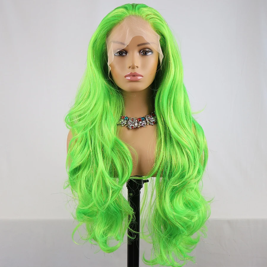 Green Color Glitter Hair Wig Synthetic Lace Front Wigs Sparkle Glittering Hair Long Hair Nature Wave Halloween Cosplay Party Wig