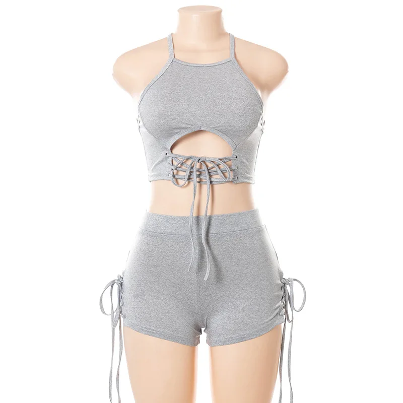 

2021 fashion women's summer new solid color halter vest, eyelet straps, slim shorts suit