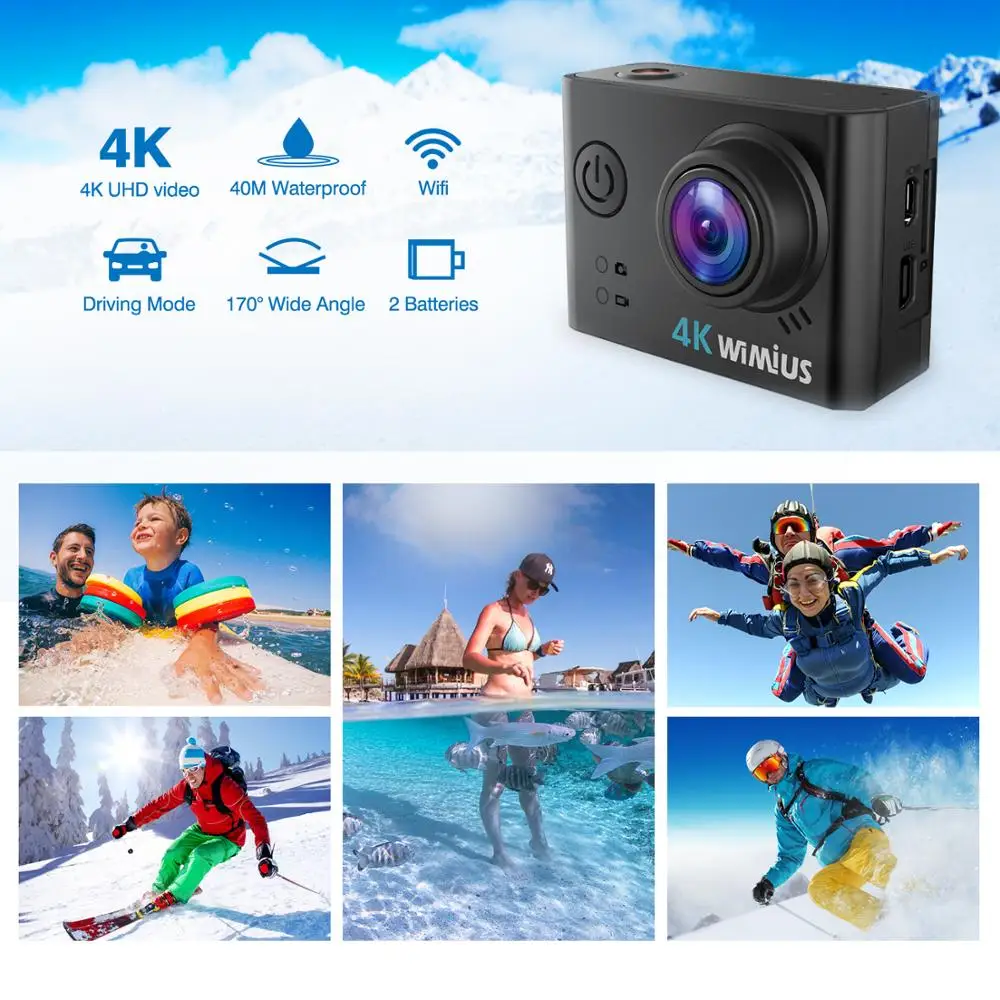 WiMiUS 4K 30fps экшн камера Full HD WiFi Пульт дистанционного управления 60 м 200ft