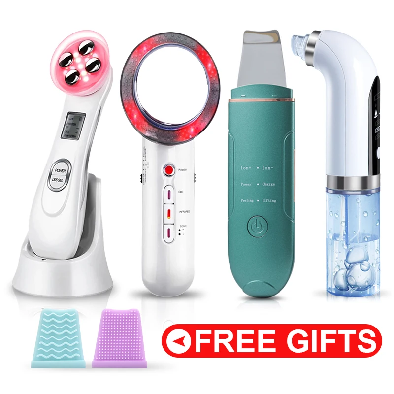 

4 in 1 Set Skin Scrubber Face Massager EMS Mesotherapy RF Radio Frequency Facial Beauty Blackhead Remover Ultrasoic Infrared