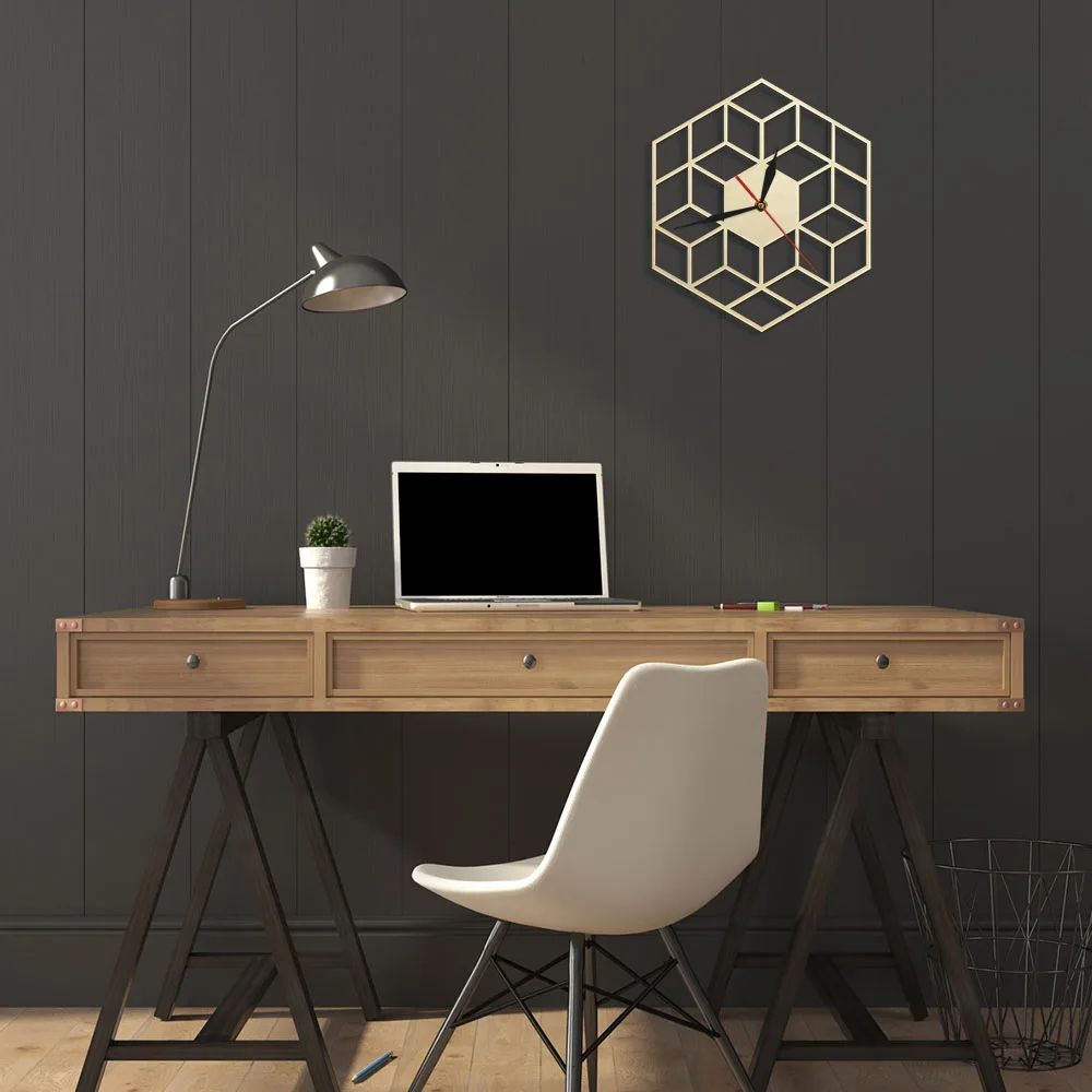 Кубические вдохновленные шестигранные деревянные настенные часы бесшумные не