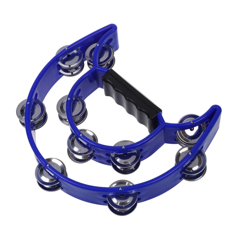 

2 Pcs High Quality Double Half Moon Tambourine Instrument 32 Jingles Grip Handle Play - Yellow & Blue