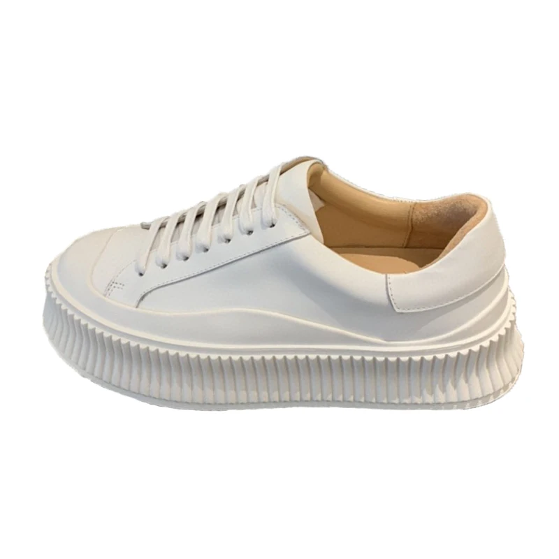 

genuine leather platform white shoes lace-up low-top invisible elevated muffin shoes corrugated shoes