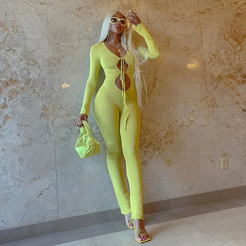 

H&JACKY Fashion Solid Long Sleeve Jumpsuit Women Sexy Yellow Hollow Out Lace Up Skinny Stretch High Street Clothing