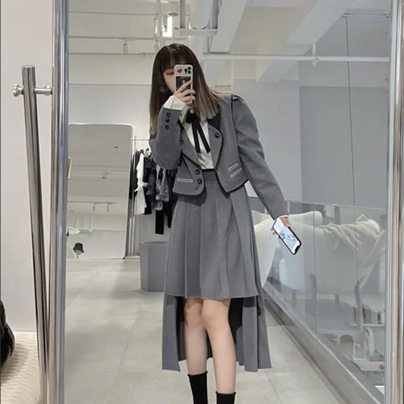 

School Uniform Sets for Ladies New Long Sleeve Bow Suits Coat Fashion High Waist Irregular Pleated Skirt Set Office Lady Clothes