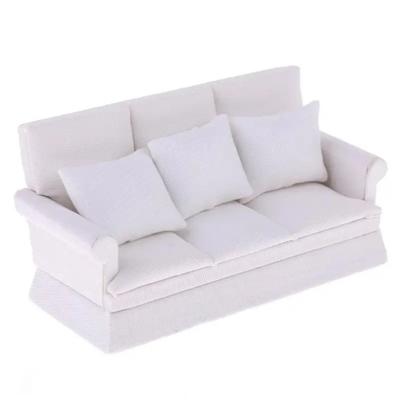 

1:12 Dollhouse Miniature Furniture Three-Seater Couch Sofa Pillow Set White