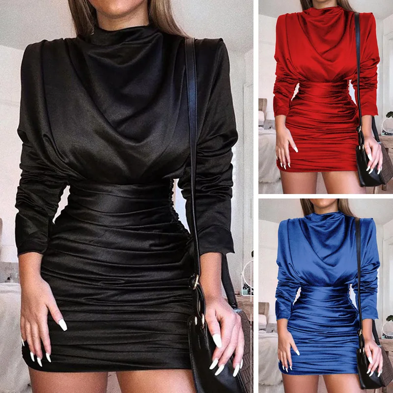 

Satin Long Sleeve Fashion High Neck High Waist Sexy Mini Dress 2021 Fall Winter Ladies Fashion Party Elegant Ladies Dress