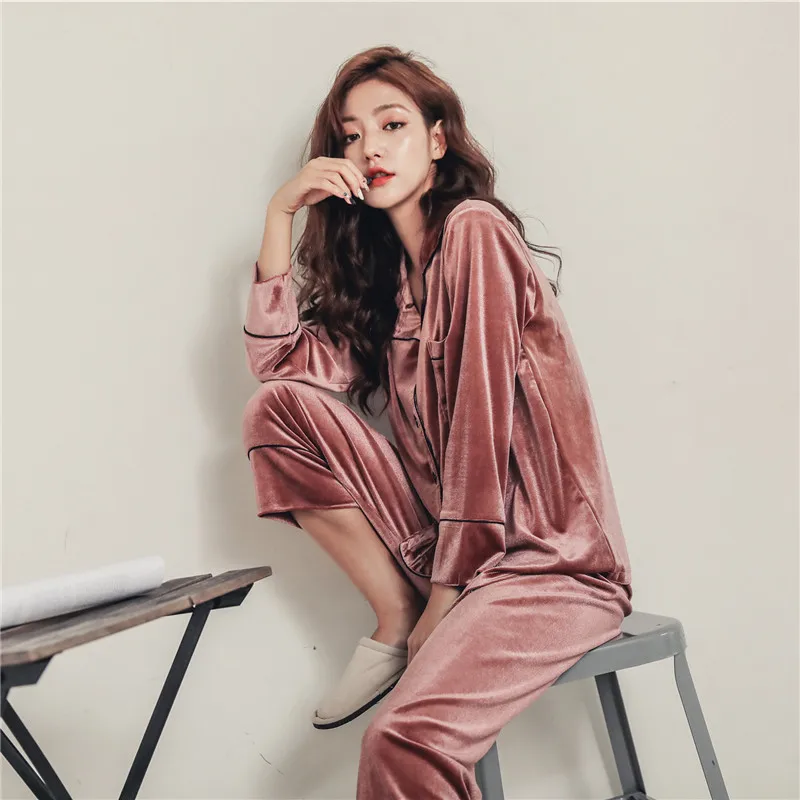 Осенне зимние брюки с длинными рукавами из двух частей бархатные пижамы золотого