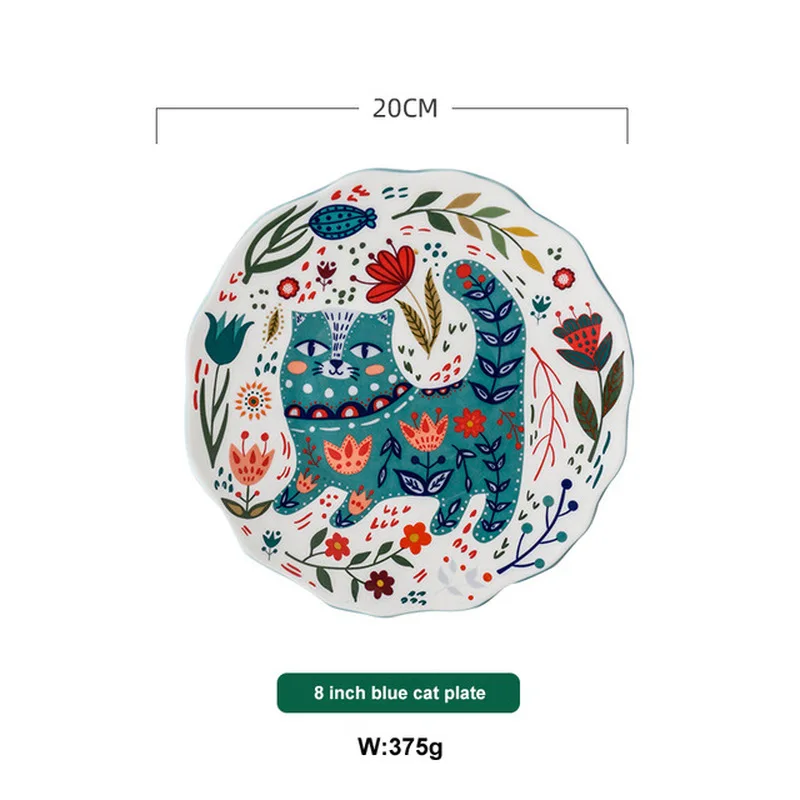 

8 Inch Ceramic Dinner Plates Creative Hand-painted Cat Dessert Cake Serving Tray Rice Bowl Steak Plate Flower Kitten Dinnerware