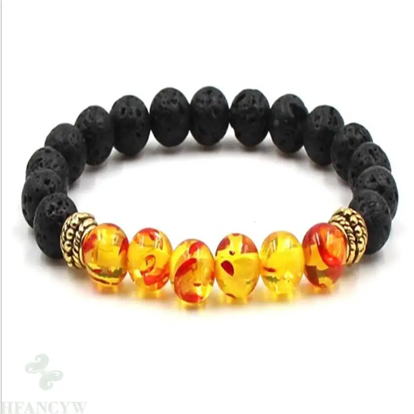 

8mm Amber Volcanic Gemstone Mala Bracelet 7.5inches Tibet silver Bless Chakras Handmade Wrist Yoga Lucky