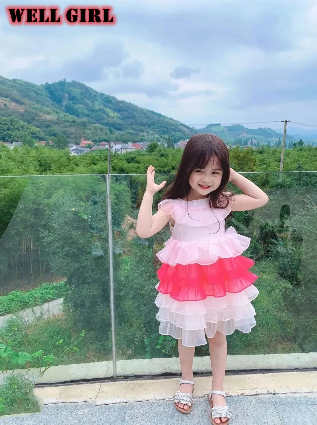 

summer sweet knee length tutu dress baby girls toddler rainbow mesh ruffle ruched layered vestidos princess dress 3-8 years old