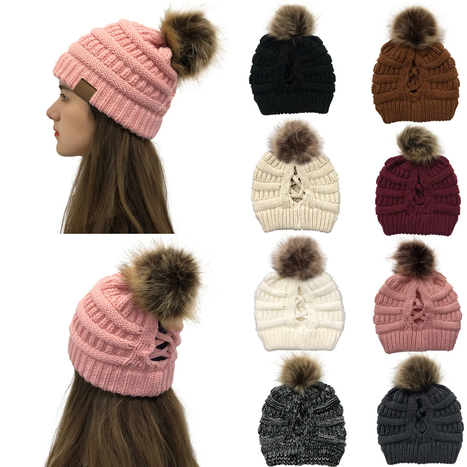 

Winter Hats For Women Pompom Beanie Horsetail Caps 2020 New Cross Criss Ponytail Hat Girls Warm Knitted Thick Outdoor Ski Cap