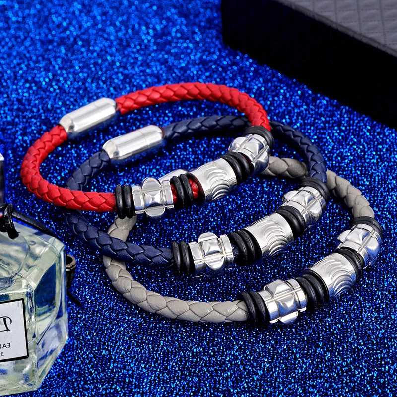 Мужские браслеты ручной работы кожаный браслет с двойным кольцом из нержавеющей