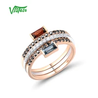 VISTOSO 14K 585 Rose/White Gold Ring For Women Garnet Blue Topaz Diamond Black Diamond Stackable Ring Simple Trendy Fine Jewelry