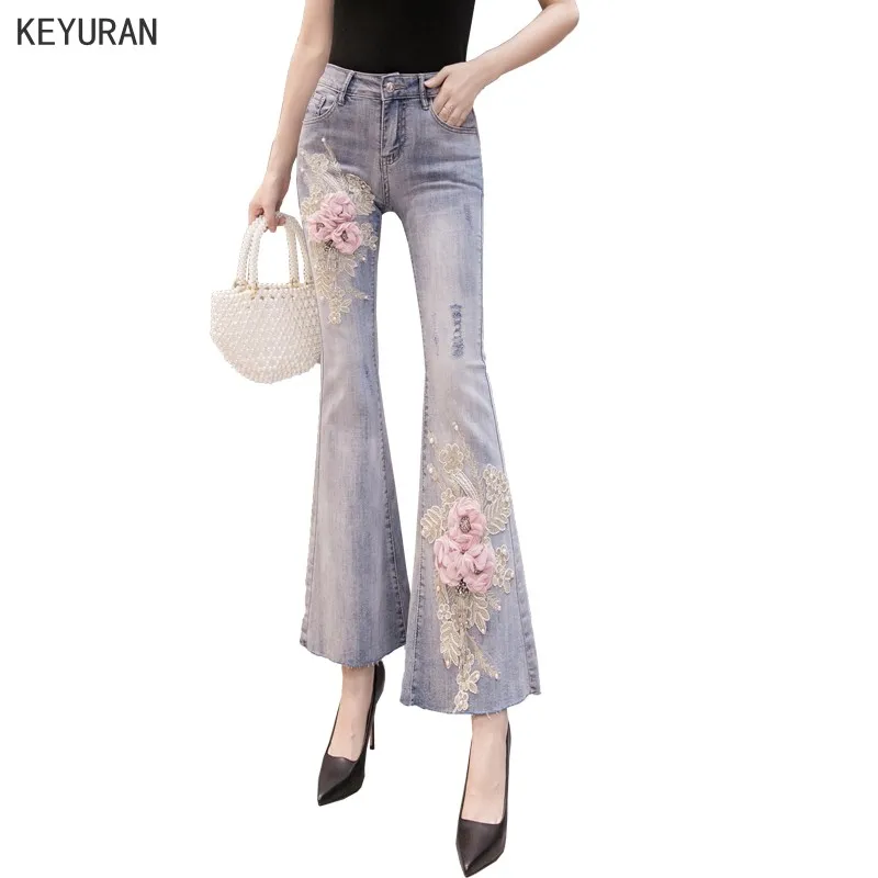 Женские джинсы с цветочной вышивкой Новые облегающие джинсовые брюки женские