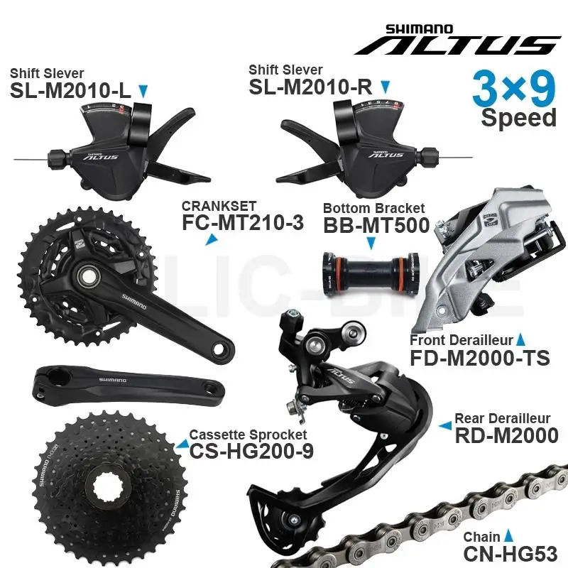 Shimano Altus 3x9v набор с системой M2010, переключателем M2000, передним / задним переключателем MT210, шатуном Cassette Sprocket BB ORIGINAL.