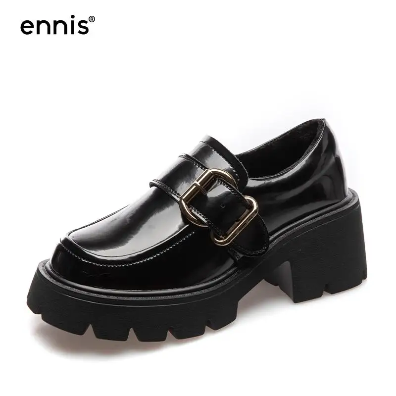 

Туфли ENNIS женские на плоской платформе, кожаные лоферы на толстой подошве, Повседневная Дизайнерская обувь с пряжкой, черные, Осень-зима