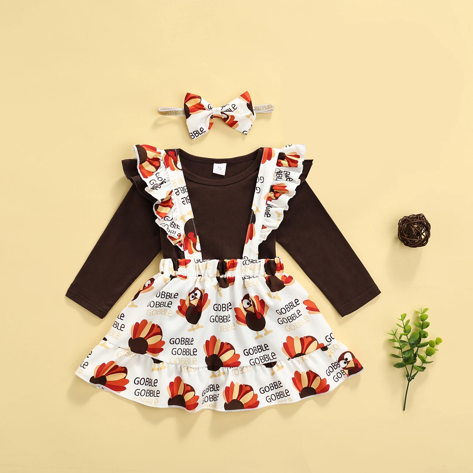 

Fashion Baby Clothing Girl\u2019s Suit Cotton Solid Color Romper Turkey Print Suspender Skirt Headband Baby's Sets