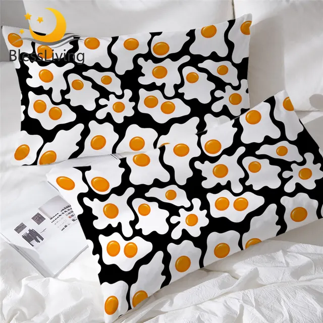 BlessLiving Fried Eggs Pillowcase Cartoon Sleeping Pillow Case Funny Bedding Pillowcase Cover 2pcs Cozy Funda Almohada Dropship 1