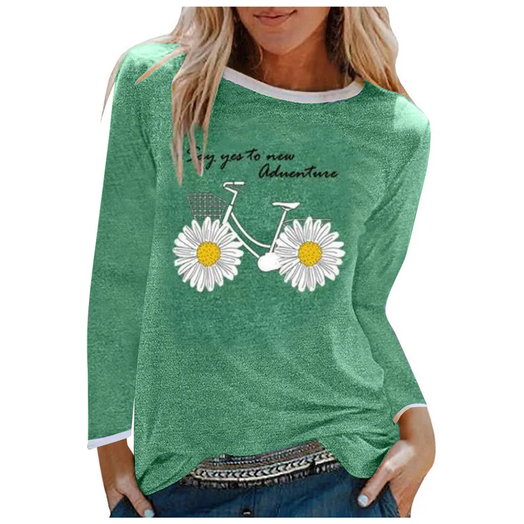 Feitong Women Summer Tshirt 2021 Daisy And Bike Printing Loose T Shirt Long Sleeve T-Shirt Casual Tunic Tops camiseta mujer New | Женская