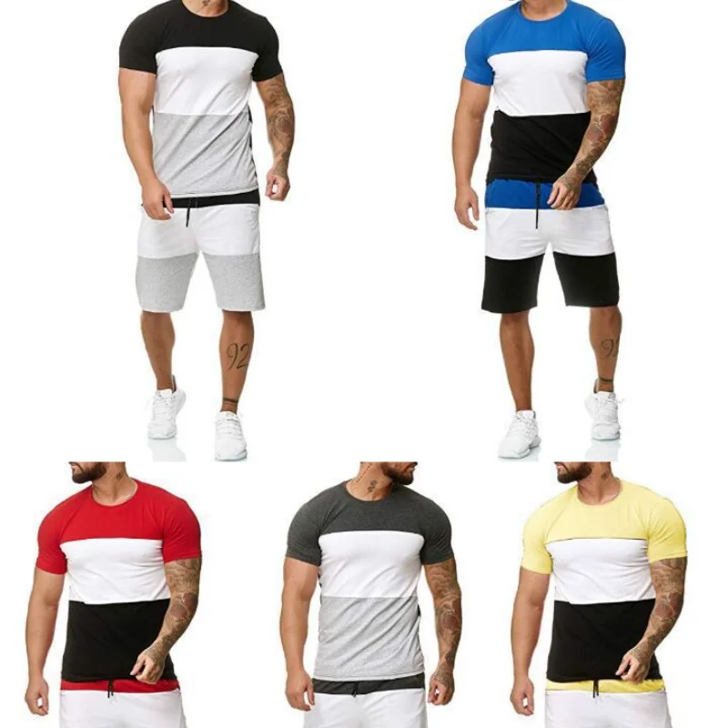 

2021 Summer Men's Short Sleeve Shorts Sports Suit 2-piece Outdoor Leisure Splicing Short Sleeve T-shirt + Male Casual Shorts 4XL