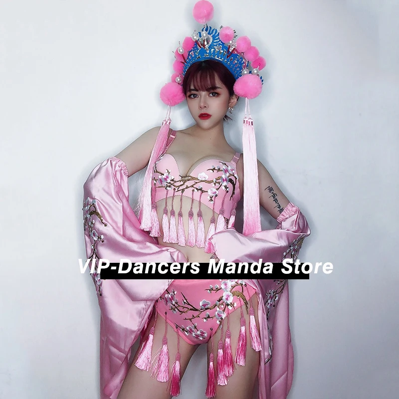 

Pink Birthday Outifts For Women Gogo Dance Costume Nightclub Fringe Bikini Chinese Style Headwear Stage Show Clothing VDB3203