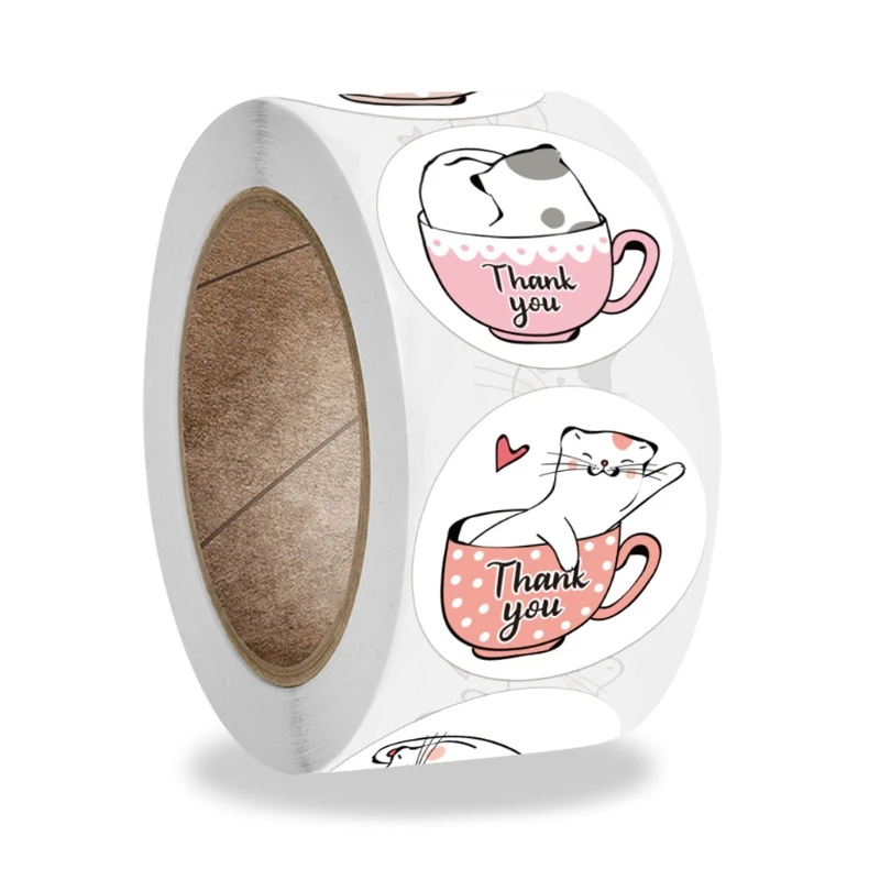 

500Pcs/Roll Cute Kitty Round Thank You Stickers Party Gift Packaging Labels Q9QB