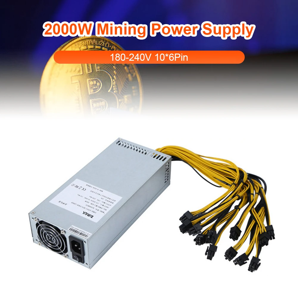 

2000W Desktop Computer Miner Power Supply for ETH BTC Mining Machine 2U Power+10X6PIN Connector Mute PC Accessory