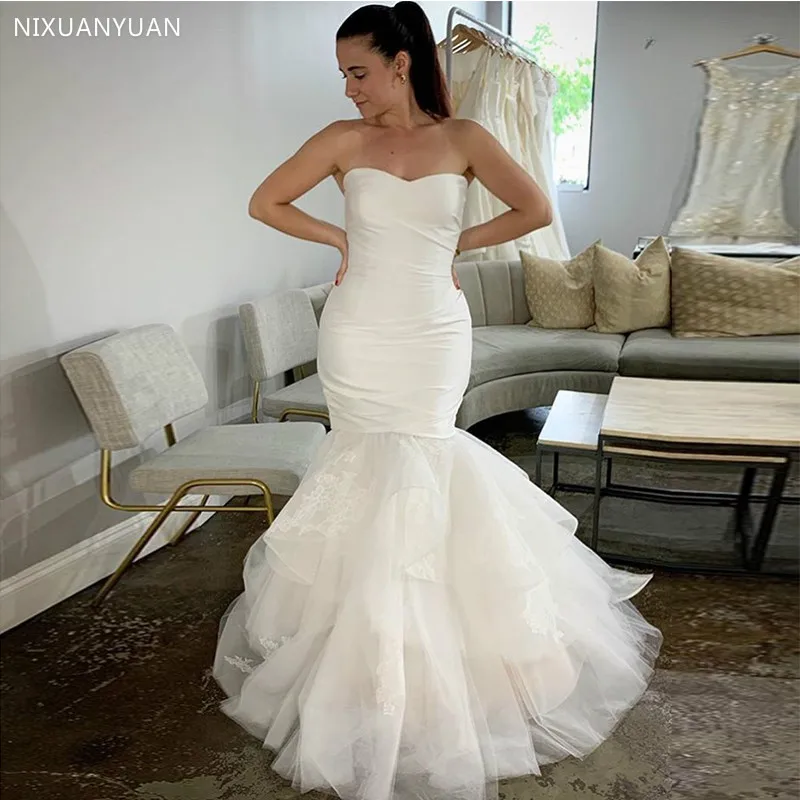 

Charming Mermaid Wedding Dresses White Ivory Robe De Mariee Full Length Lace Appliques Zipper Back Country Bridal Dress 2021