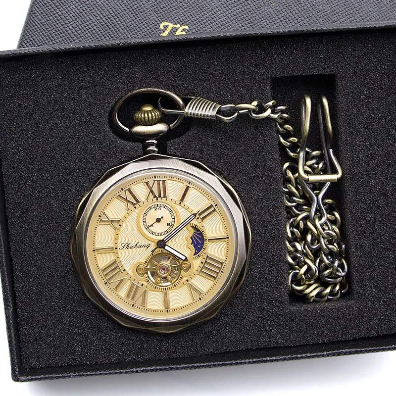 Automatic Self Winding Mechanical Pocket Watch Male And Female Sun And Moon Stars Movement Watch Table PJX1398
