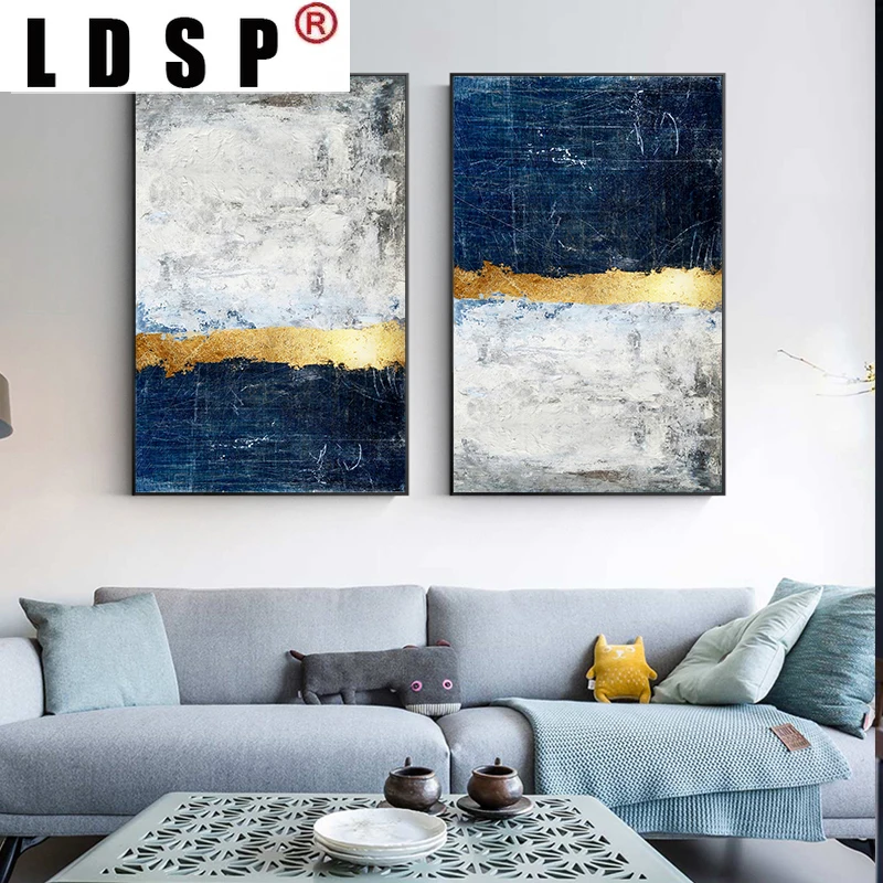 

LDSP Abstract Gold Wave Block See Painting Blue Poster Spray Printing Modern Golden Wall Art Picture Living Room Home Decor