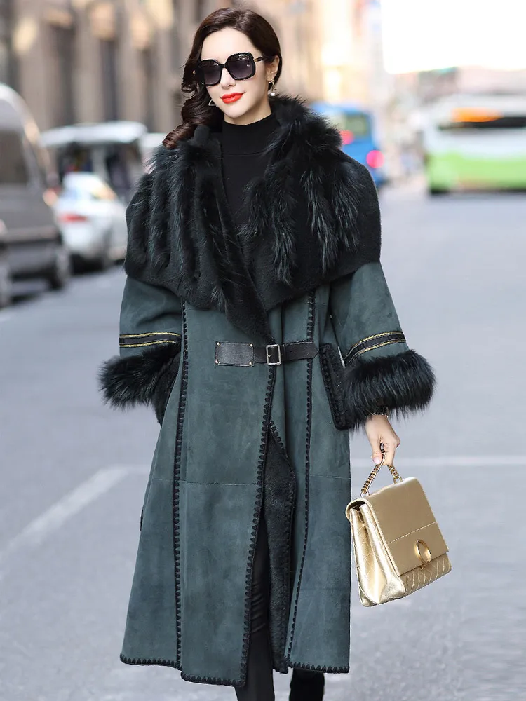 Trendy Unique Sheepskin Shearling Women Long Fox Fur Leather Coat  Jacket Clothes Winter