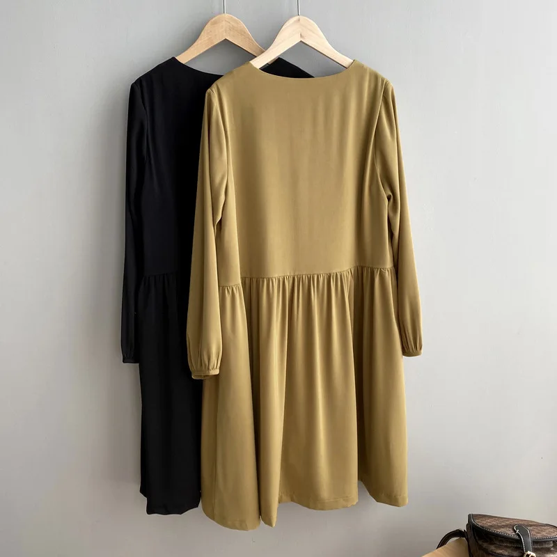 

2020 Summer V-Neck Long Sleeve Pure Color Vintage High Waist Boho Loose Style Elegant Women Dress Vestidos