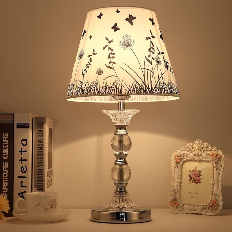 

European Luxury Crystal Table Lamp Bedroom Bedside Lamp Linen Lamp Shade Wood Base Living Room desk light desk lamp baseus