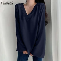 zanzea womens baggy blouses elegant flare sleeve top casual solid color v neck blusas female office lady tunic oversize chemise