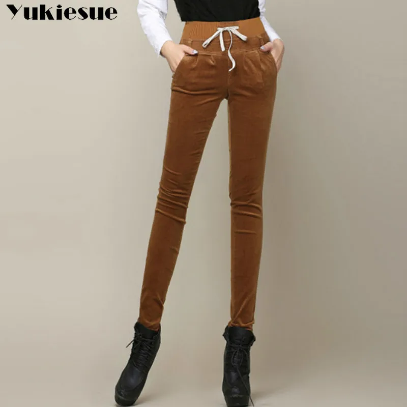 Женские вельветовые брюки с завышенной талией эластичные зимние брюки-карандаш
