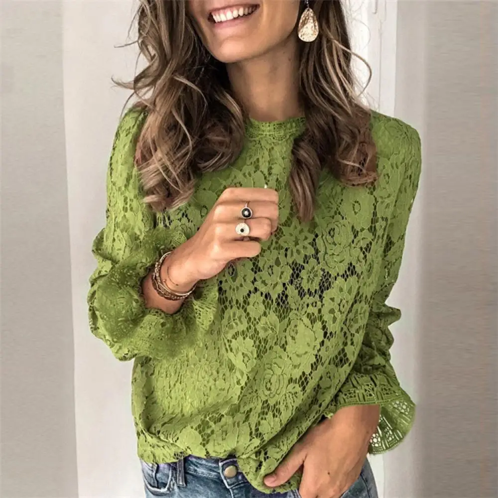 

Womens Lace Crochet Flower Blouses Shirt Ladies Casual Solid Color Long Sleeve Shirts Female Spring O Neck Hallow Out Tops