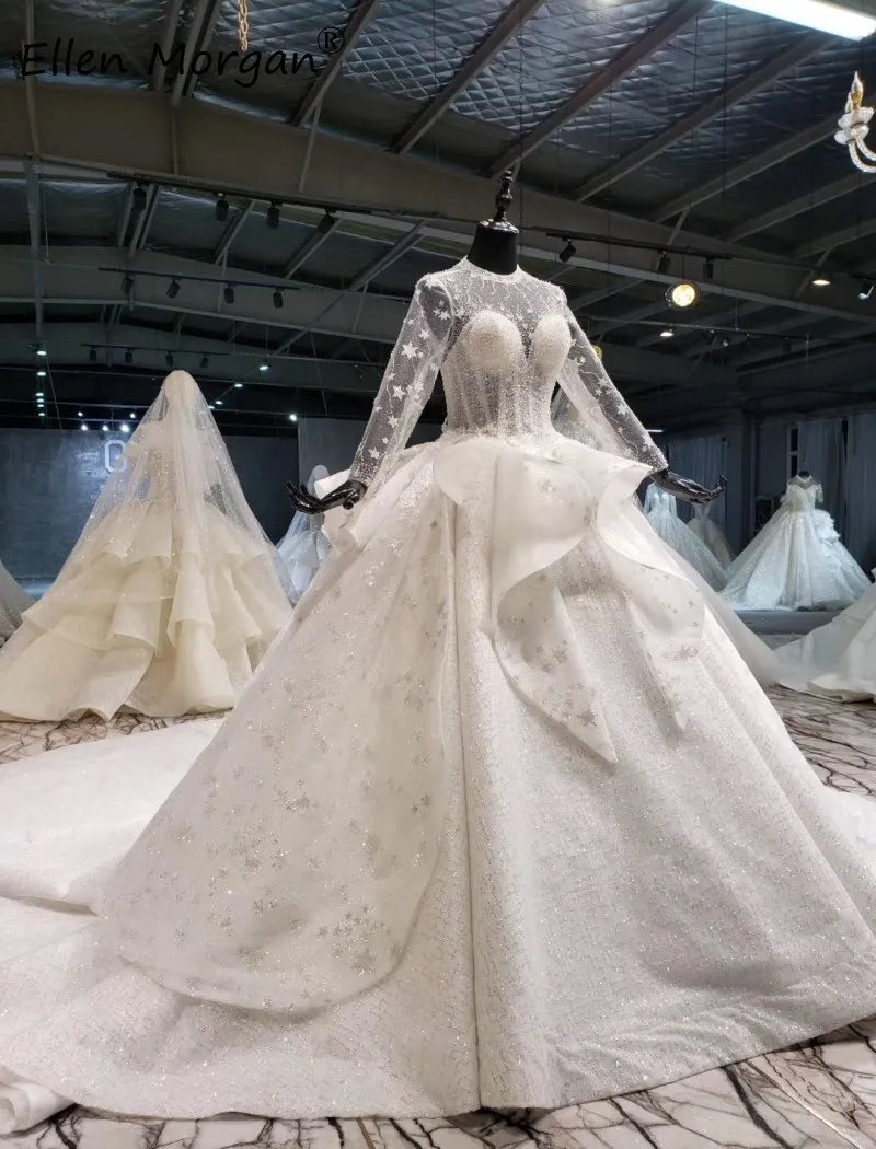Ivory Glitter Long Sleeves Ball Gowns Wedding Dresses 2020 Elegant Corset Lace Puffy Backless Princess Bridal for Women | Свадьбы и