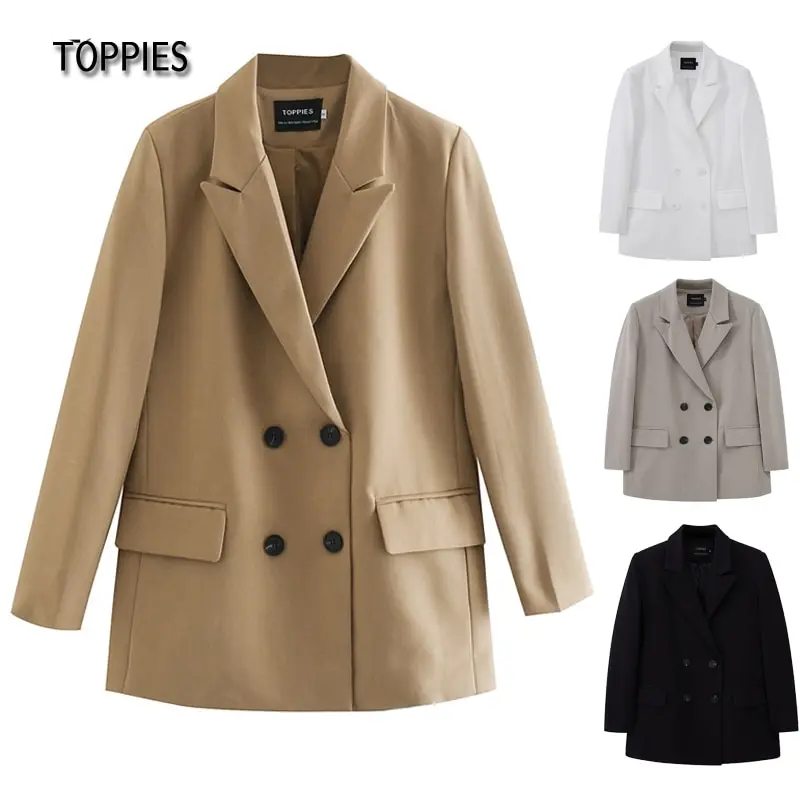 

TOPPIES 2021 Womens Long Blazer Double Breasted Suit Jacket Loose Oversize Coat Solid Color Formal Blazer
