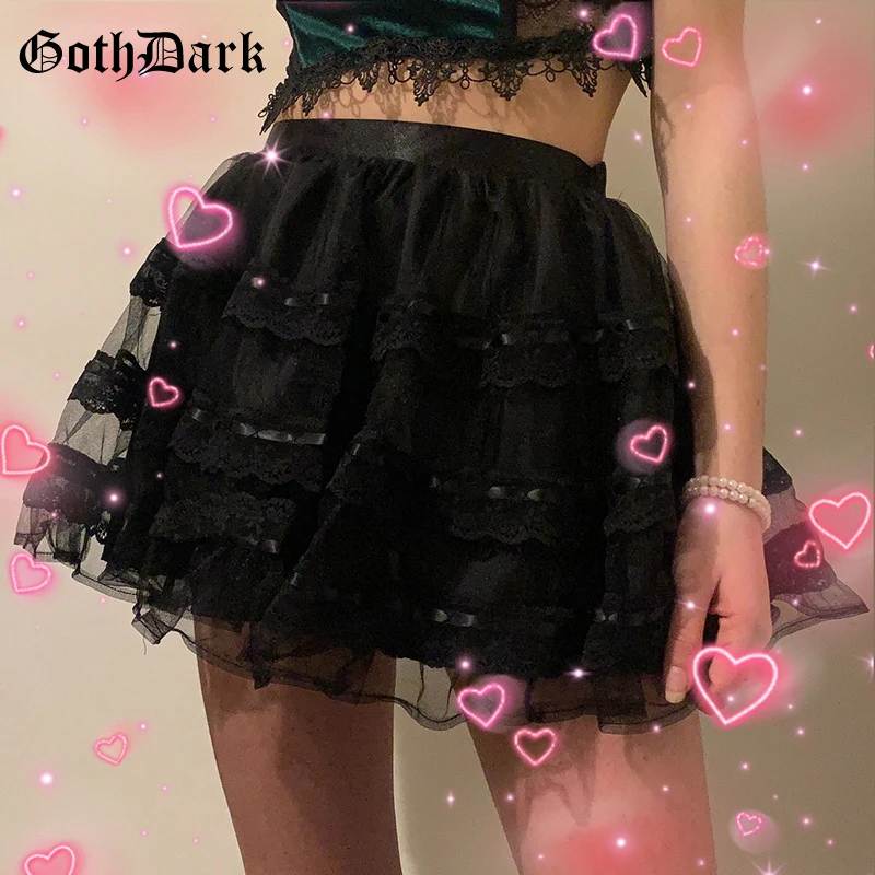 

Goth Dark Mall Gothic Aesthetic Mesh Black Mini Skirts Harajuku E-Girl Cute High Waist Emo Skirt Lace Trim Alternative Clothing