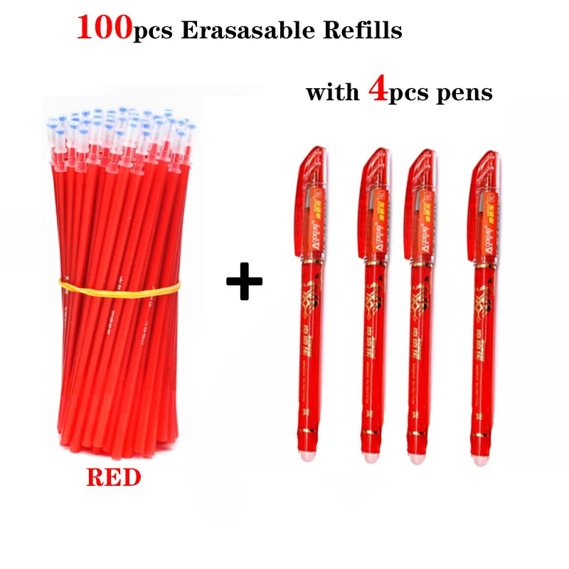 

4+100Pcs/Set 0.5mm Blue Black Ink Gel Pen Erasable Refill Rod Erasable Pen Washable Handle School Writing Stationery Gel Ink