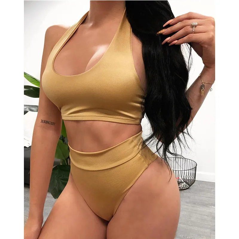 Женский купальный топ из двух частей с оборками и высокой талией комплект бикини